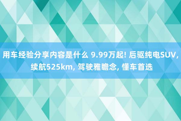 用车经验分享内容是什么 9.99万起! 后驱纯电SUV, 续航525km, 驾驶雅瞻念, 懂车首选